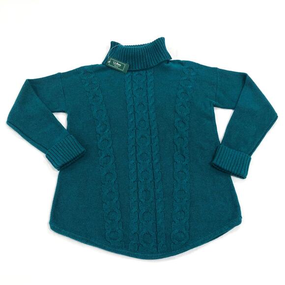 NWT L.L. Bean Double L Mixed Cable Knit Turtleneck Teal 100% Cotton Sweater - Picture 2 of 9